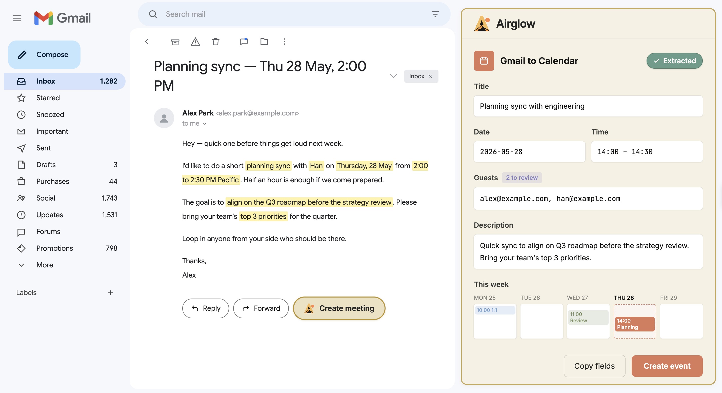 Gmail to Calendar drafting an event from an open Gmail thread