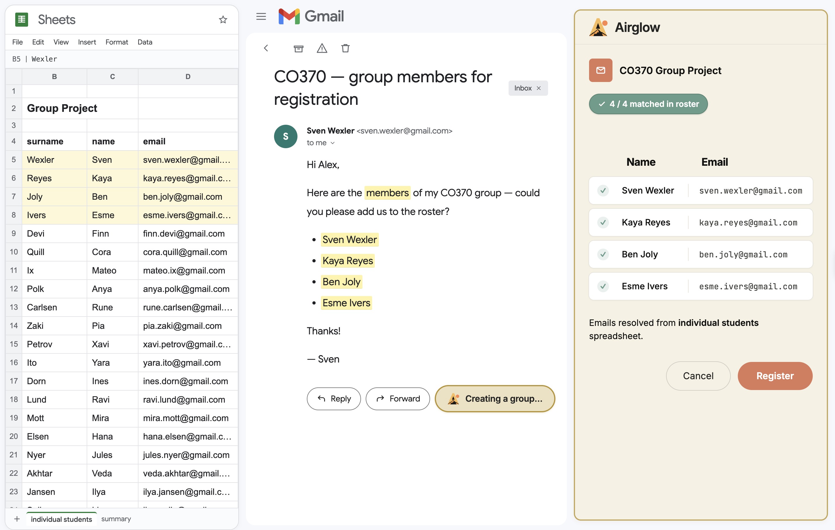 Group Project Tracker reconciling a Gmail thread against a students table