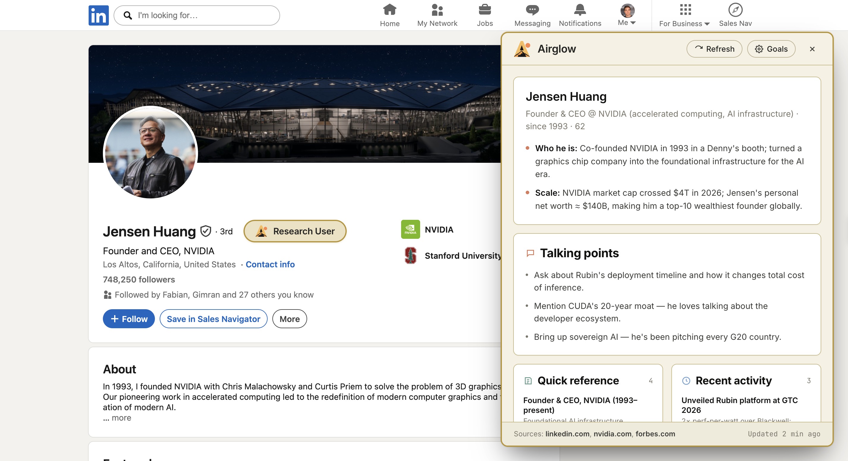 LinkedIn Researcher running background research inside a LinkedIn profile
